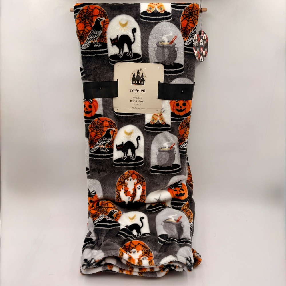 Coveted Home Halloween Cloche Oversized Plush Throw‎ Blanket Gray Orange NEW